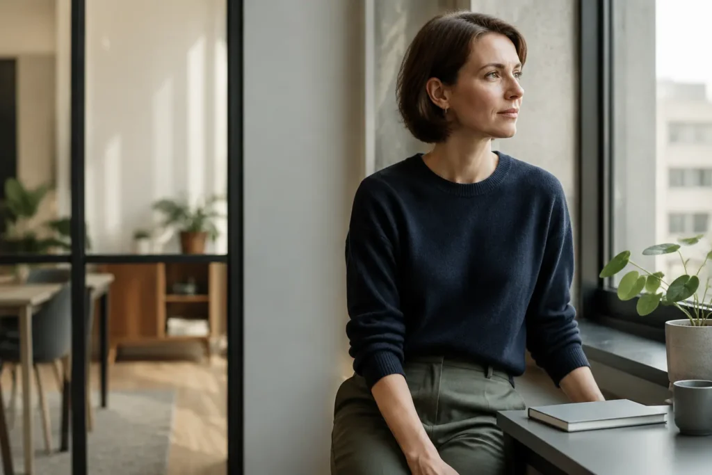 Naine teeb tööpäeva jooksul pausi ja vaatab kontoriaknast välja.